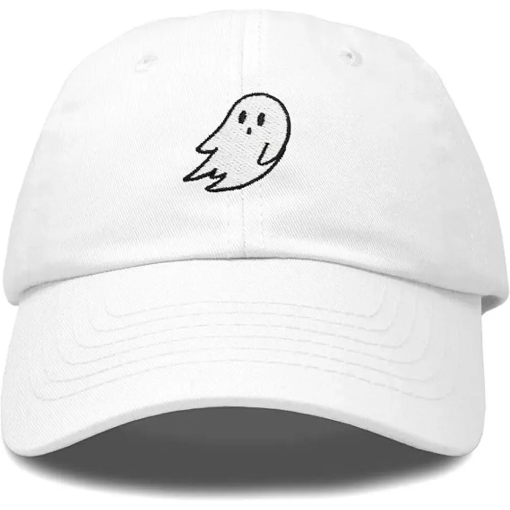 Unisex White 100%Cotton Ghost Embroidered Adjustable Buckle Classic Baseball Cap